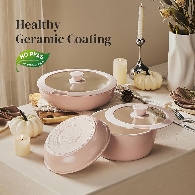 Redchef Ceramic Cookware Set, Removable Handle Pots and Pans Non-Stick, Rv Cookware Set, Non-Toxic Pots and Pans Set No PFAS, PTFE, PFOA, Detachable Pots and Pans, Dishwasher & Oven Safe (Pink)