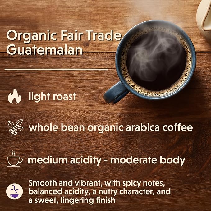 Coffee Bean Direct Organic Fair Trade Guatemalan, Whole Bean Coffee, Arabica Coffee, Light Roast, 1 Pound Bag (Pack of 1)