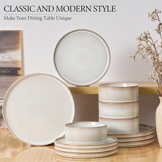 E-far Stoneware Dinnerware Sets, 18-Pieces Modern Plates and Bowls Sets, Kitchen Dinning Porcelain Dishes Set for 6, Chip & Scratch Resistant, Dishwasher & Microwave Safe, Creamy Beige