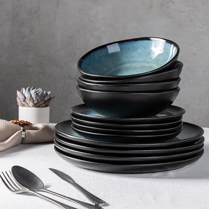 AmorArc Ceramic Dinnerware Sets,Handmade Reactive Glaze Stoneware Plates and Bowls Sets,Highly Scratch Resistant | Dishwasher & Microwave Safe Dishes Set,Service for 4 (12pc)
