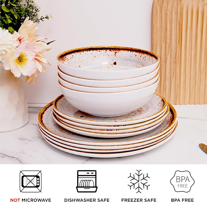 TP 12-Piece Melamine Dinnerware Sets, Plates and Bowls Dishes Set for 4, Break-Resistant & Non-Microwavable, Lightweight Dinner Plates, Grey Swirl