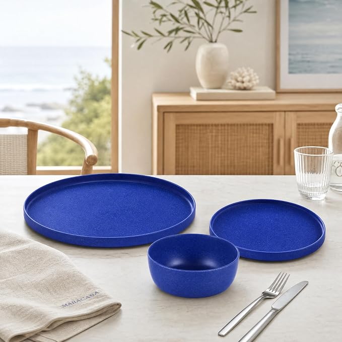 Webbylee 12 Piece Melamine Dinnerware Set for 4 - Shatterproof Matte Blue Round Plates & Bowls, Lightweight Unbreakable Tableware for Camping, RV, Patio & Indoor Outdoor Use, Dishwasher Safe