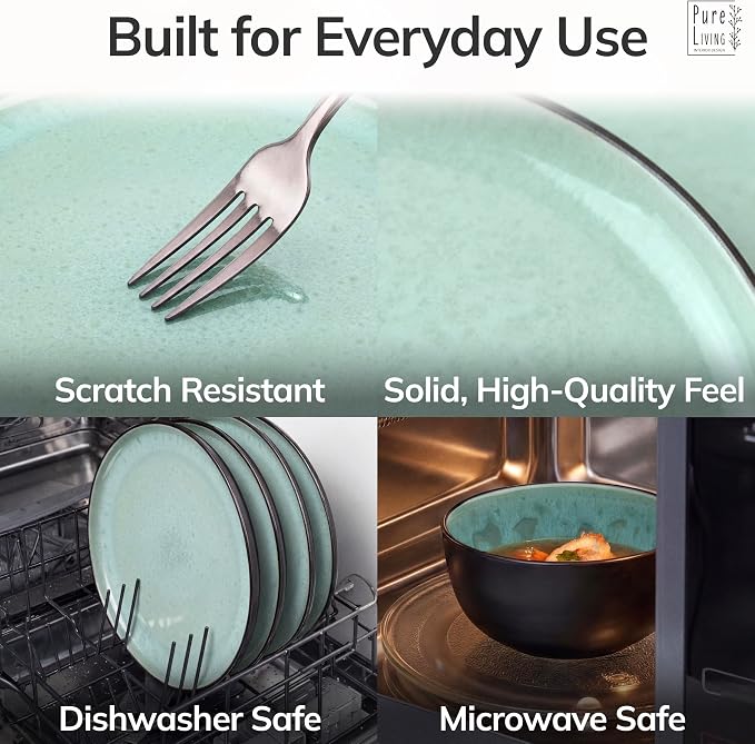 24 Piece Stoneware Dinnerware Set for 6 - Handmade Reactive Glaze Plates and Bowls Set - Chip & Scratch Resistant Dish Set - Dishwasher Microwave Safe - Dark Sage Green