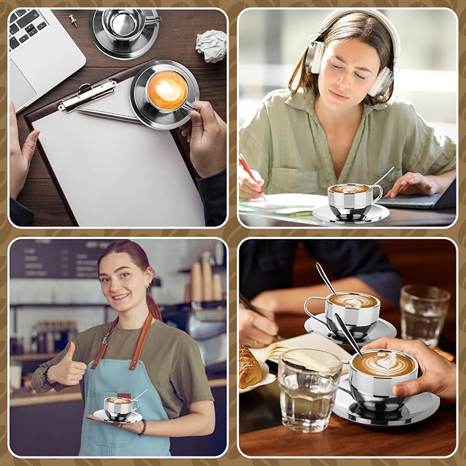 6 Pack Stainless Steel Coffee Cups Set, 6oz Insulated Espresso Cups with Spoon and Saucer, Double Walled Coffee Mugs for Latte, Tea, Milk, Cappuccino