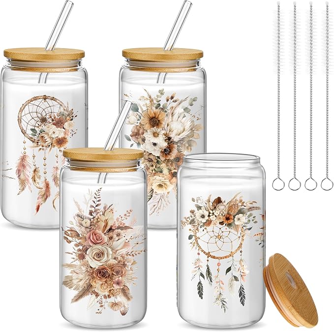 Mumufy 4 Pack Wildflower Glass Cups Gift Aesthetic Cute Glass Cup Tumbler Flower Iced Coffee Mugs 16 oz with Bamboo Lid & Straw, for Wedding Birthday Bridesmaid Mom Baby Shower