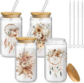 Mumufy 4 Pack Wildflower Glass Cups Gift Aesthetic Cute Glass Cup Tumbler Flower Iced Coffee Mugs 16 oz with Bamboo Lid & Straw, for Wedding Birthday Bridesmaid Mom Baby Shower