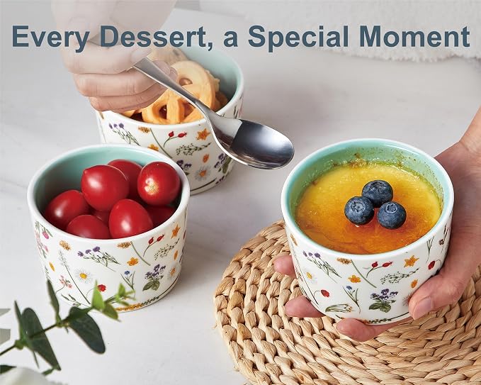 ONEMORE 6 oz Ramekins Oven Safe, Floral Ceramic Ramekin Set of 6 Mint Green Ramekins for Baking & Serving, Creme Brulee Dishes, Custard Pudding Souffle Cups, Small Dessert Bowls for Oven, Air Fryer