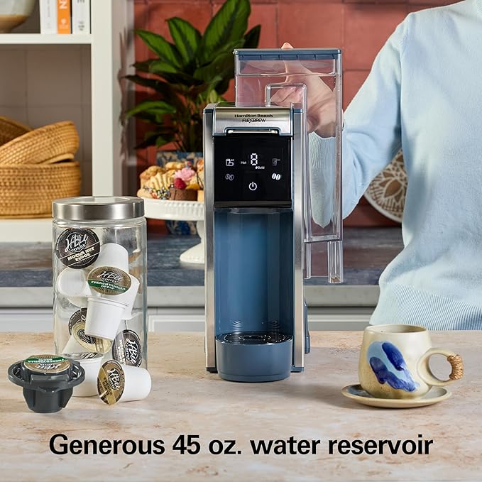 Hamilton Beach FlexBrew Advanced 4-in-1 Single Serve Hot & Iced Coffee Maker with Removable 45 oz. Water Reservoir, Use Pod Packs and Grounds, Fast Brewing, Kitchen Makeover Blue