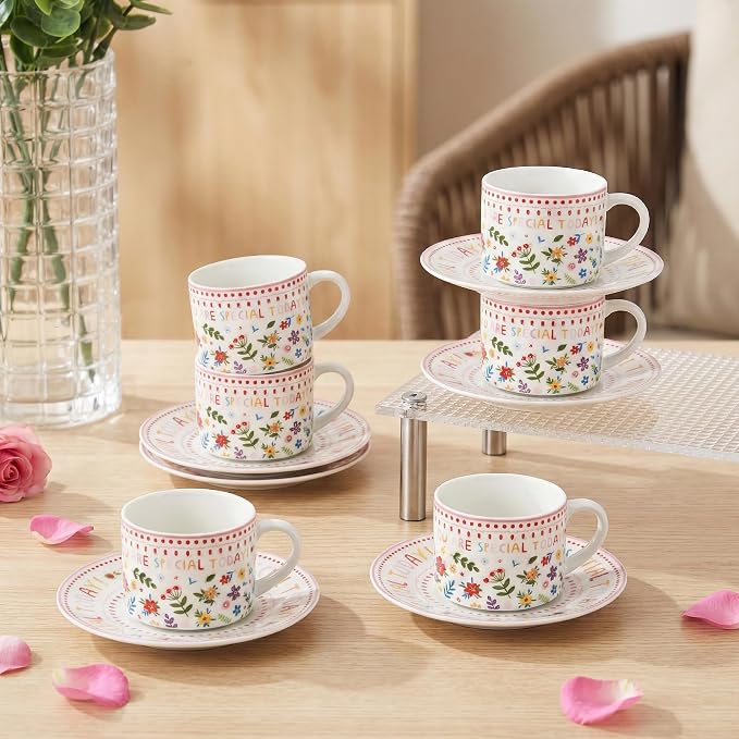 4oz Floral Coffee Cups & Saucers Set of 6, Ceramic Espresso Mugs Demitasse Cups for Latte, Tea, Espresso Shot Cup for Espresso Machine & Coffee Maker, Women Gifts for Christmas, Birthday