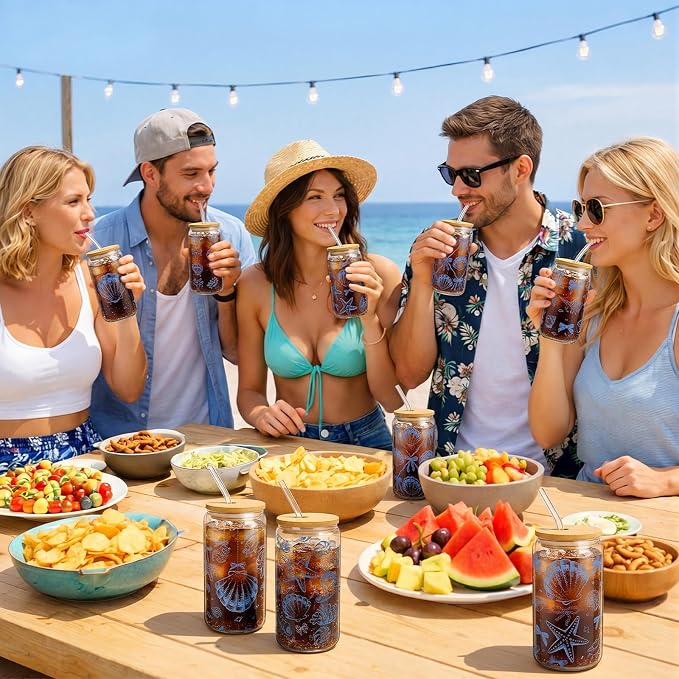 Teenyyou 12 Set of Shell Glasses with Bamboo Lid and Glass Straw 16 oz Summer Drinking Cup Beer Iced Coffee Cup Tumbler Mugs for Teacher's Day Gift Holiday Party Office