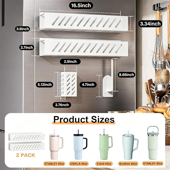 Magnetic Stanley Cup Holder, 2-Pack Water Bottle Organizer with Tumbler Lid & Straw Holder for 8 Stanley 30/40 oz Tumblers - Stores Cup Accessories on Refrigerator or Iron Surfaces, Removable- White