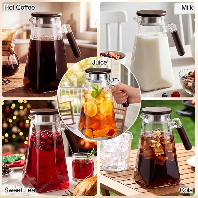 60 oz 1.8l Glass Pitcher with Lid, Borosilicate Glass Carafe with Solid Walnut Handle, Spout, Heat-resistant Beverage Jug for Iced Tea, Lemonade, Cold Brew, Fridge Safe(Clear)