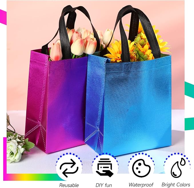 Eccliy Reusable Gift Bags Set Glossy Grocery Gift Tote Bag with Handle for Wedding, Bridal Shower, 4th of July, Summer Event(10 x 8 x 4.7 Inch,Colorful,80 Pcs)