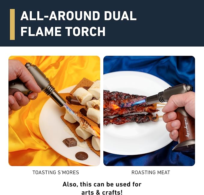 Dual Flame Butane Torch - Refillable Handheld Blow Torch for Cooking, Soldering, & Resin Art w/Adjustable Flame & Ignition Lock - Kitchen Blow Torch & Luxurious Gift Box by inZaynity® - Brown Steel