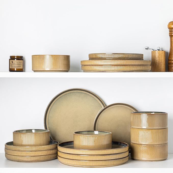 GBHOME Stoneware Dinnerware Sets for 4, 12 Pieces Lightweight Ceramic Ribbed Plates and Bowls Set, Reactive Glaze Stackable Plate Sets, Scratch Resistant Dishes, Microwave & Dishwasher Safe,Pale Khaki