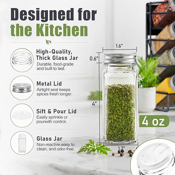 UVIAHOMI Magnetic Spice Rack Organizer for Refrigerator with 28 Spice Jars, 386 Spice Labels, 4 Hook, Chalk Marker and Funnel Set, Magnetic Shelf for Seasoning Organizer, 13.2'' W x 9.8 H, Black