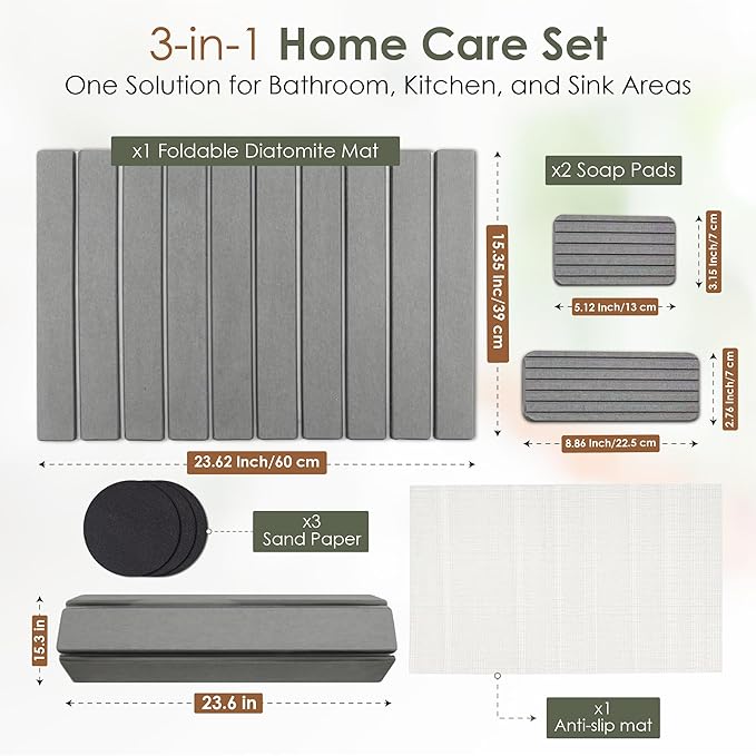 Large Stone Dish Drying Mat for Kitchen Counter, Foldable Quick Dry Stone Dish Mat, Diatomaceous Earth Water Absorbing Pad for Plate Utensils Rack Bottles, Any Countertop (Dark Gray 24"×16" & 2*8"x4")