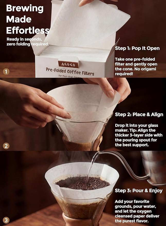 AGOGO Pour Over Coffee Maker Glass with 50pcs Paper Filters -for Home, Office, Camping, Cafes - Easy Clean Coffee Dripper Set (Soft Towel&Brush)(20oz Slim Shape w/Paper Filters)