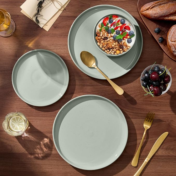 E-far 12-Piece Stoneware Dinnerware Sets, Plates and Bowls Sets for 4, Ceramic Dishware Dishes Set with Terracotta Base, Chip & Scratch Resistant, Microwave & Dishwasher Safe, Speckled Green