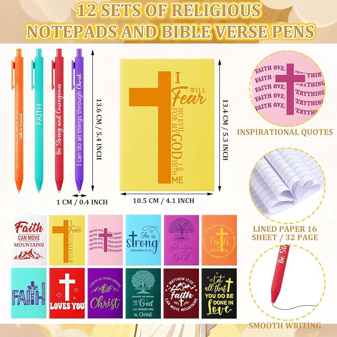 Skylety 12 Sets Christian Gifts for Women Bulk 16 oz Bible Verse Glass Cups Religious Tumblers with Lids Straw Spiral Notebooks Pen for Teacher Church Employee Coworker Women