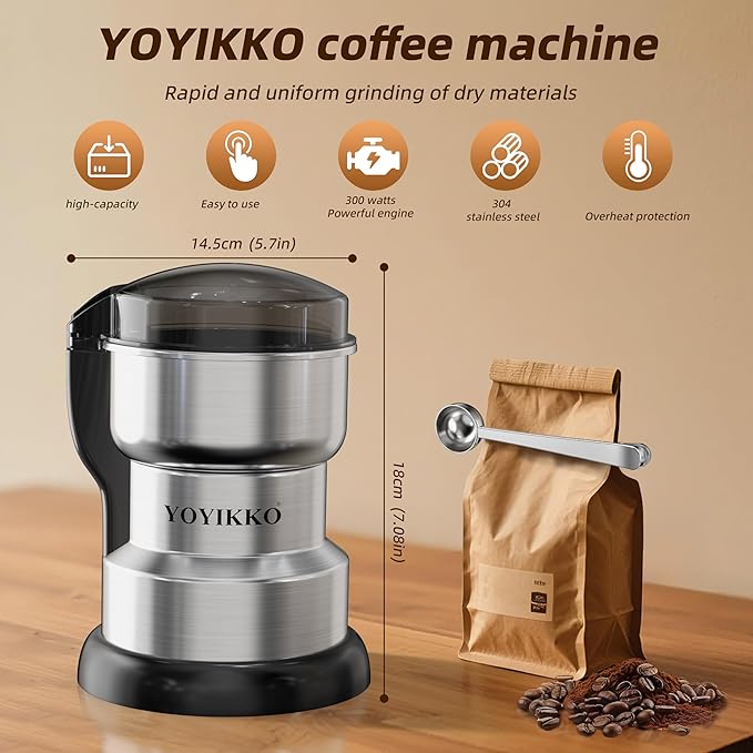 Electric Coffee Grinder 300W, Adjustable Grind, Espresso/Drip/Pour. Coffee Grinder for Coffee, Spices, and Other Foods (silvery-150)