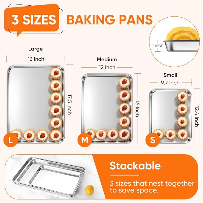 LIANYU Baking Sheet Pans Set of 3, Stainless Steel Cookie Sheets for Baking, 17.5/16/12.4 Inch, Half/Quarter/Jelly Roll Pans for Oven, Mirror Finish Metal Tray, Heavy Duty & Rust Resistant