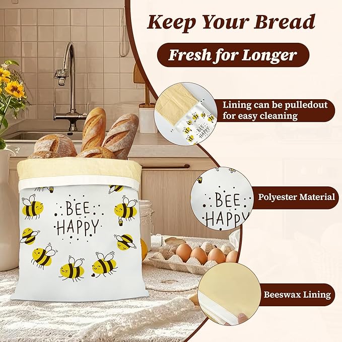 Bread Bags for Homemade Bread, Bee Happy 2 Pack Linen and Beeswax Sourdough Storage Bags, Reusable Keeper, Keeps Breads Fresh Longer, Gifts for Bakers