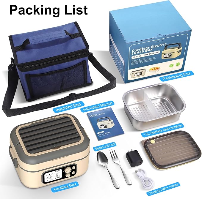 Cordless Electric Heated Lunch Box, 1.5L - 6.3 Cups 100W Rechargeable Smart Self-Heating Food Warmer with Removable Divider, Spoon, Fork, BPA Free, Portable Lunchbox for Car Travel Office Yellow