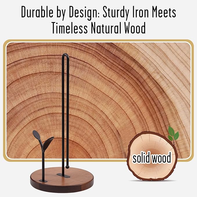 Wooden Paper Towel Holder Countertop,Round Base with Dual Iron Rods in Antique Brown Finish, Leaf-Shaped Accent, Stable & Durable, Non Slip Pads, Elegant Kitchen/Dining Décor
