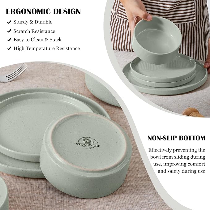 E-far 6-Piece Stoneware Dinnerware Sets, Plates and Bowls Set for 2, Kitchen Modern Dishes Set for Everyday & Formal, Chip and Scratch Resistant, Microwave & Dishwasher Safe, Speckled Green