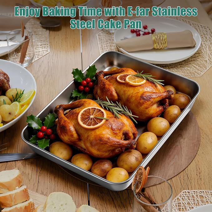 E-far Lasagna Pan, Stainless Steel Rectangular Baking Pan, 12⅓x9¾x2 Inch Sheet Cake Pan Metal Bakeware Oven Tray for Brownie Casserole, No-Toxic & Heavy Duty, Rust-Resistance & Dishwasher Safe