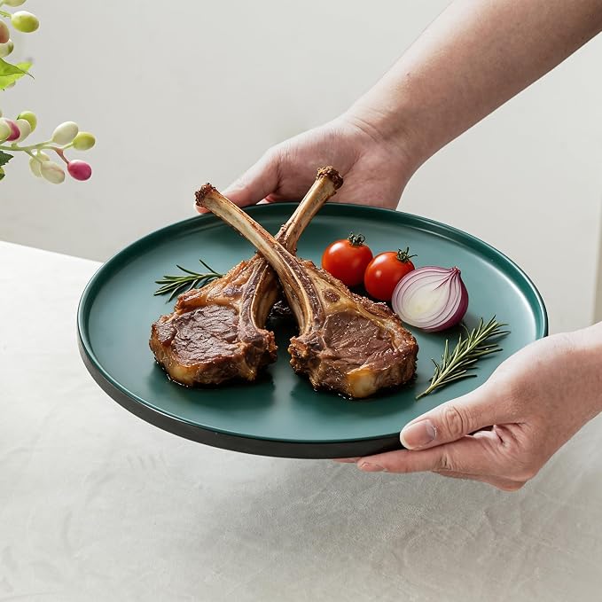 Ceramic Dinner Plates, 10.25 Inch, Set for 4, Modern Green | Flat Dish Design, Microwave & Dishwasher Safe, Perfect for Family and Entertaining, For Steak, Sandwiches, Pizza, Pasta