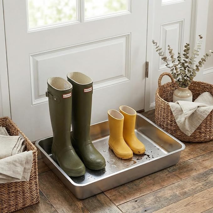 Suclain 2 Pack Stainless Steel Boot Trays for Entryway Under Sink Mat Tray Litter Box for Kitchen Cats Cabin Bathroom Office Storage Decoration, 20 x 14 x 4 in, Non-Slip Rubber Feet(20 x 14 x 4 Inch)