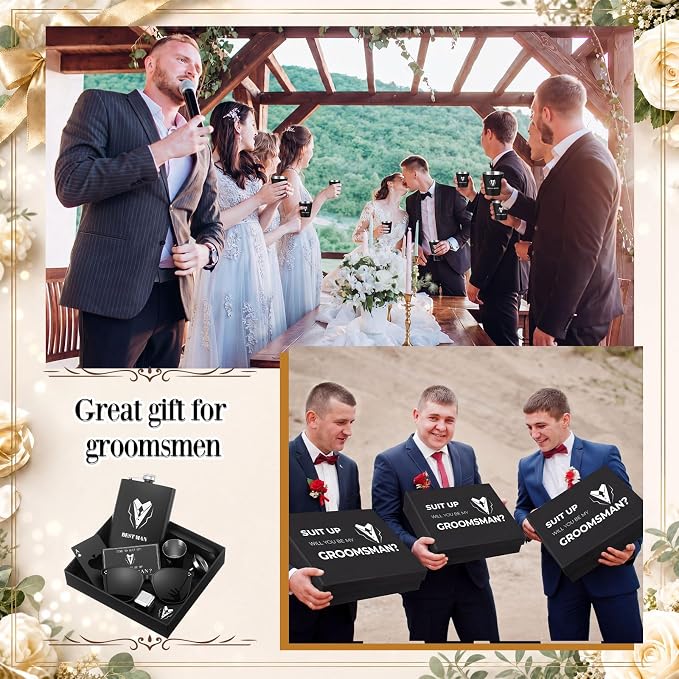 Mimorou 66 Pcs Groomsmen Proposal Gifts - Shot Glasses, Stainless Steel Ice, Flask, Funnel, Gift Boxes, Sunglasses, Knives, Bottle Opener, Cards, Wallets for Wedding Groomsmen Present Set (Fashion)