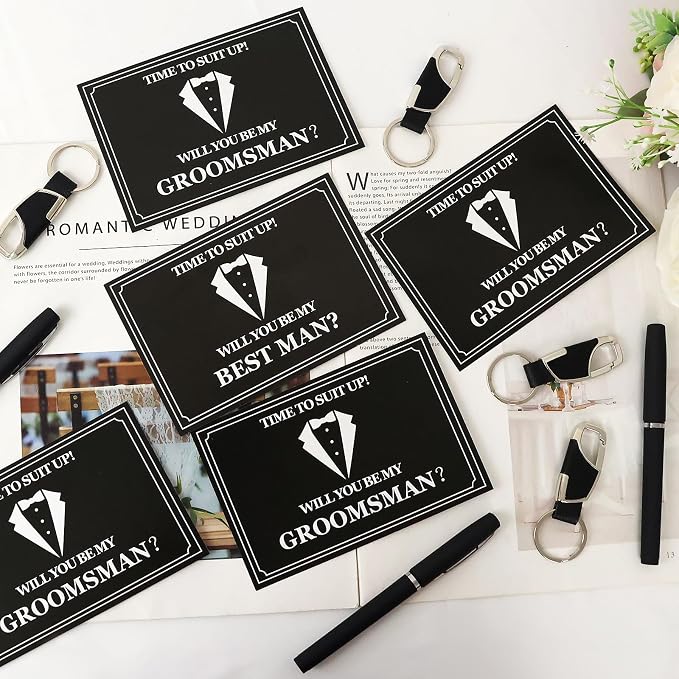 Set 6 Groomsmen Proposal Gifts - Groomsmen Gift Box with Leather Bag，Tuxedo Flask, Funnel，Shot Glasse，Poker Card Bottle Openers, Sunglasses, Pen，Bracelet, Card & Gift Bags for Wedding Party （Brown）