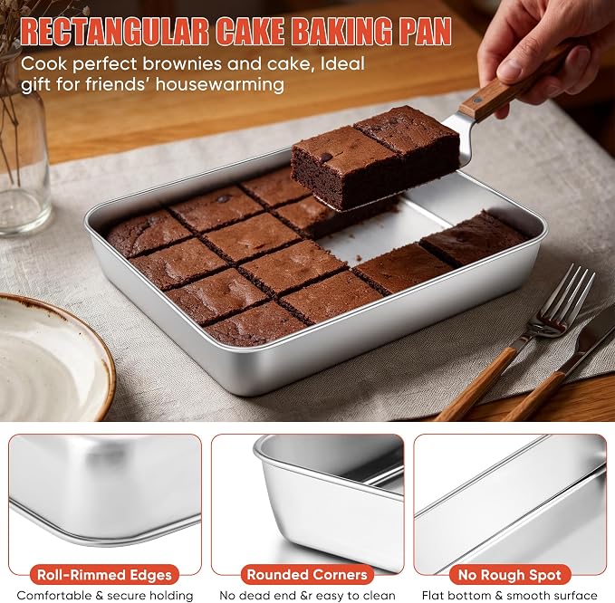 E-far Lasagna Pan, Stainless Steel Rectangular Baking Pan, 10.3x8x2” Small Sheet Cake Pan Metal Bakeware Toaster Oven Tray for Brownie Casserole, Deep Side & Heavy Duty, Anti-Rust & Dishwasher Safe