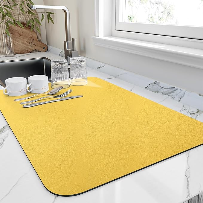 HotLive Dish Drying Mat for Kitchen Counter, Heat Resistant Drainer Mats with Non-slip Rubber Backed, Hide Stain Kitchen Super Absorbent Draining Mat, Easy to Clean Dish Rack Pad, Yellow 18"x32"