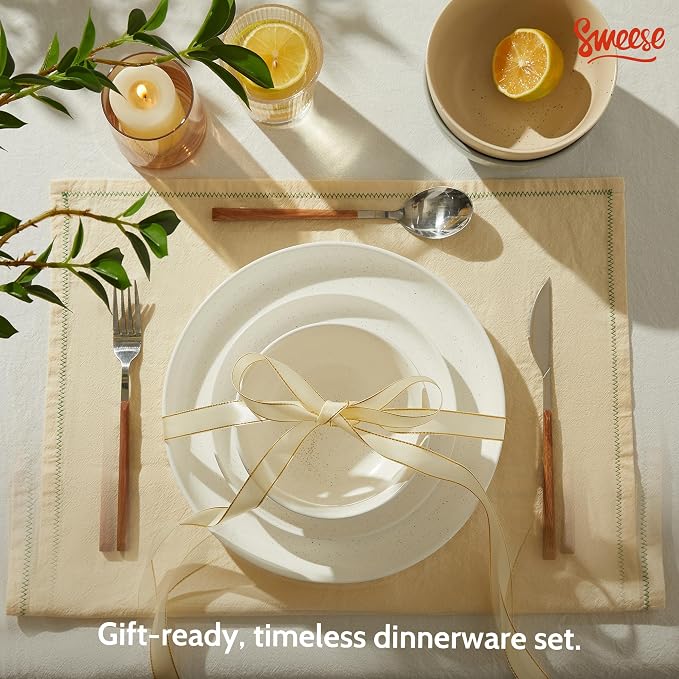Sweese Dinnerware Sets Service for 4, 12 pcs Matte Speckled Glaze Plates and Bowls Sets, Handmade Ceramic Dish Set, Highly Chip and Crack Resistant Modern Plate Set, White