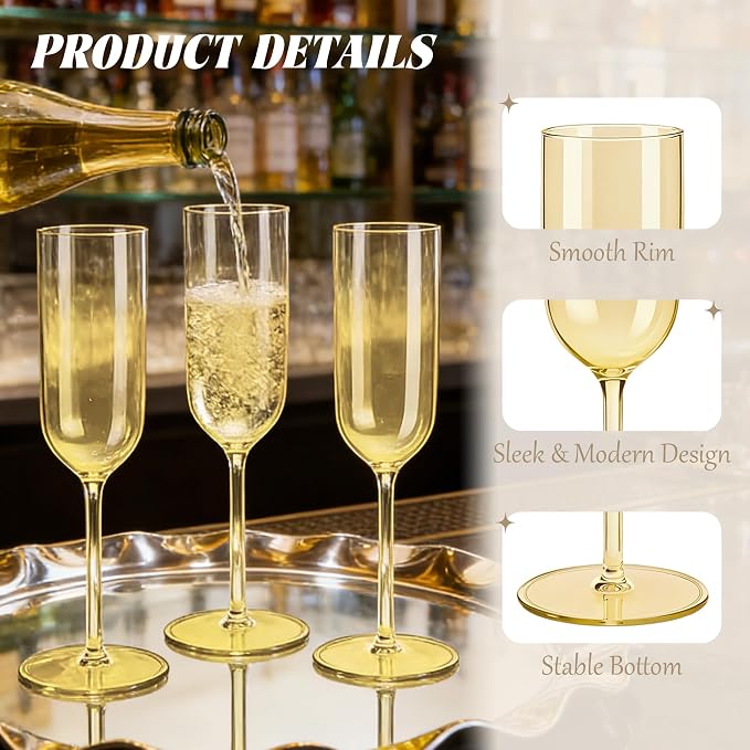 Plastic Champagne Flutes Set, 6oz Unbreakable Champagne Glasses Bulk, Shatterproof Reusable Mimosa Prosecco Sparkling Wine Cups for Wedding Party (Gold, 10pcs)