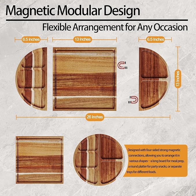 Large Magnetic Charcuterie Board Set 26x13 Inch - Acacia Wood Cheese & Serving Tray with 4 Color-Coded Cutting Mats, Juice Grooves - Modular Design for No-Mess Entertaining, Wedding Gifts