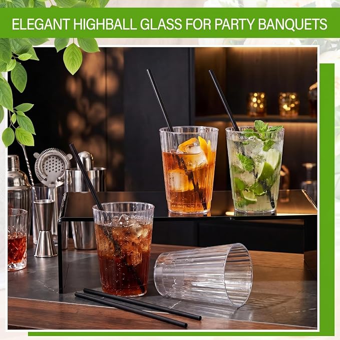 Plastic Highball Glasses with Straws(set of 48), 12 oz Shatterproof Drinking Cups, Collins Whiskey Glass Ribbed Cup, Smoothie Mojito Cocktail Tumbler for Wedding Spring Summer Party