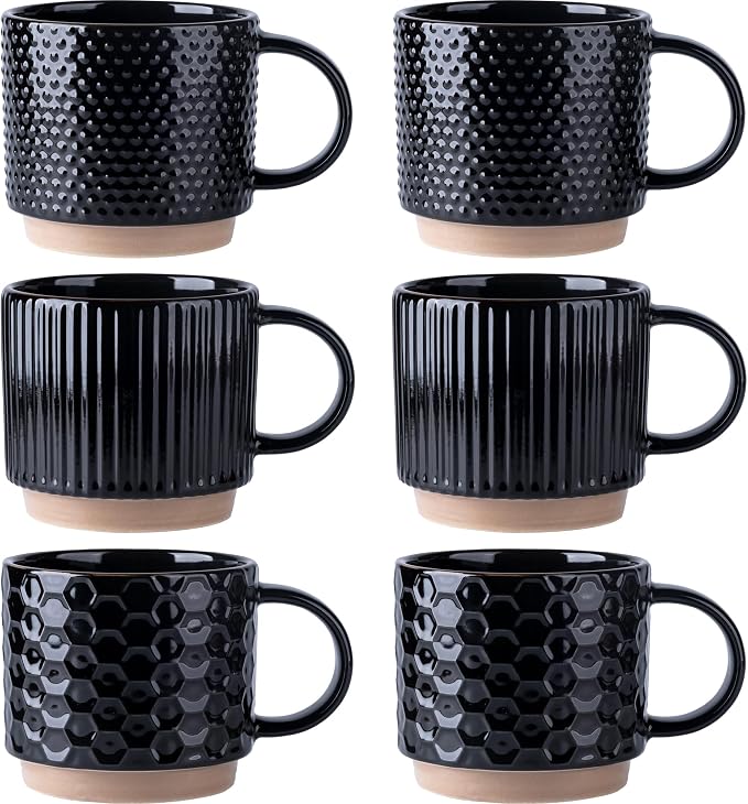 GBhome 12OZ Stackable Coffee Mugs Set of 6, Ceramic Coffee Mugs with Texture Patterns for Man,Woman,Dad,Mom, Modern Coffee Cups for Latte/Cappuccino/Cocoa. Dishwasher&Microwave Safe, Black