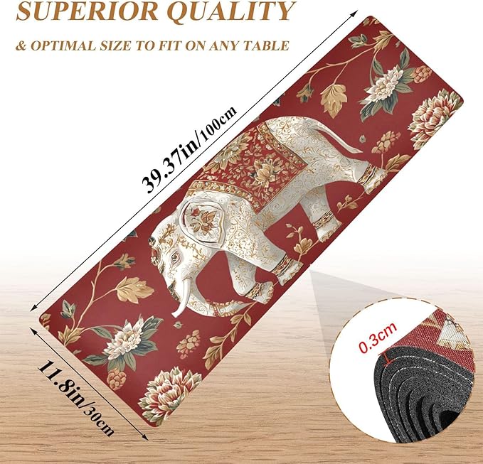 2 in 1 Table Runner Trivet for Hot Pots and Pans Heat Resistant Non Slip Waterproof 39 x 12 Inch Decorative Table Protector for Kitchen Countertop Red Floral Retro Elephants