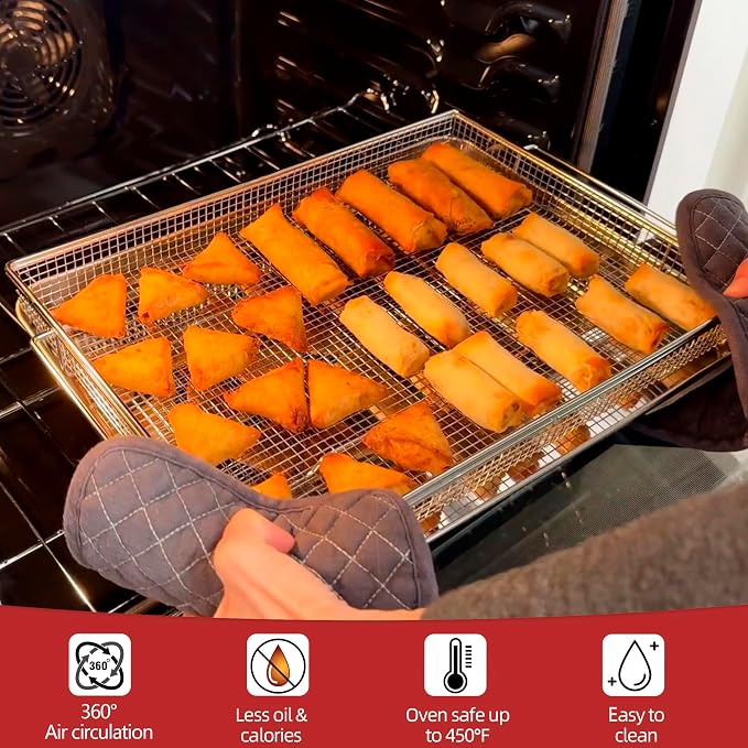 Geesta 304 Stainless Steel Air Fryer Basket for Oven with 50 Recipes, 2 Piece Crisper Tray & Basket, Air Fryer Accessories for Crispy Foods Healthy Cooking, Dishwasher Safe, 12.5” x 9.5”