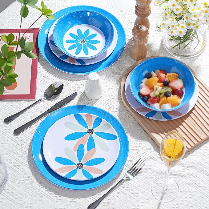 Melamine Dinnerware Set 12 Pieces Outdoor, Spring Party Blue | Flowers Pattern, Unbreakable Plates & Bowls, Dishwasher Safe, Lightweight, For Picnic Pool Party Camping