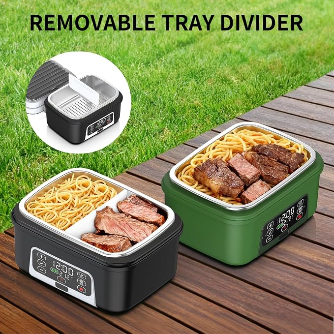 Cordless Electric Heated Lunch Box, 1.5L - 6.3 Cups 100W Rechargeable Smart Self-Heating Food Warmer with Removable Divider, Spoon, Fork, BPA Free, Portable Lunchbox for Car Travel Office White