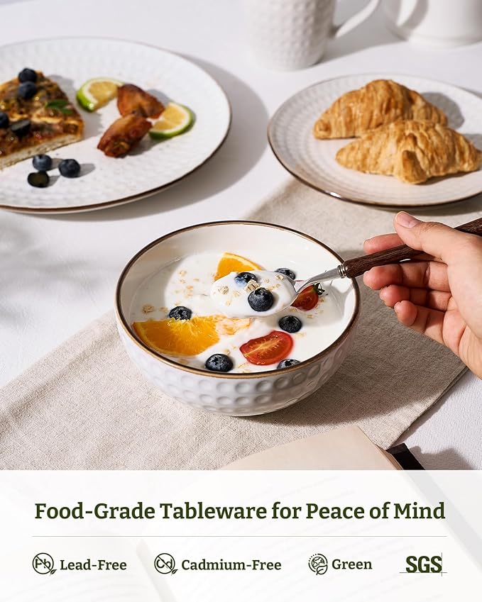 Famiware Eden Embossed Plates and Bowls Sets, Stoneware Dinnerware with Gold Trim, 12-Piece Luxury Dishes for 4, Everyday & Formal Use, Chip/Scratch Resistant, Microwave/Dishwasher Safe, White Circle