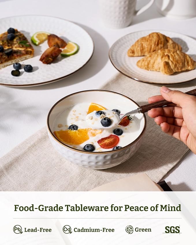 Famiware Eden Embossed Plates and Bowls Sets, Stoneware Dinnerware with Gold Trim, 18-Piece Luxury Dishes for 6, Everyday & Formal Use, Chip/Scratch Resistant, Microwave/Dishwasher Safe, White Circle
