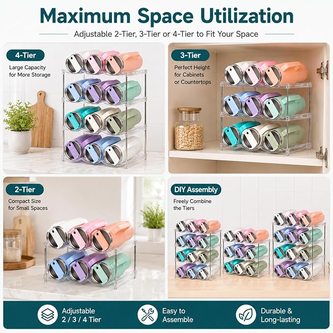 Stackable Water Bottle Organizer for Stanley 40 oz Tumbler, Large Compartment Water Bottle Holder for Cabinet, Clear Tumbler Organizer for Kitchen Countertop Pantry, 2 Pack