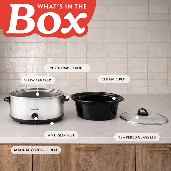 Gourmia Slow Cooker - 6 Quart Removable Ceramic Pot, Manual Controls with 3 Temperature Settings, Dishwasher Safe Crock and Glass Lid, White